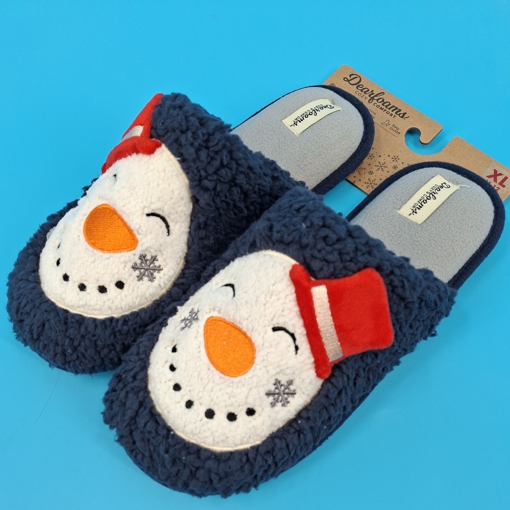 Dearfoams Slippers Snowmen Unisex XL 11-12 Blue Cozy Comfort Scuff Holiday